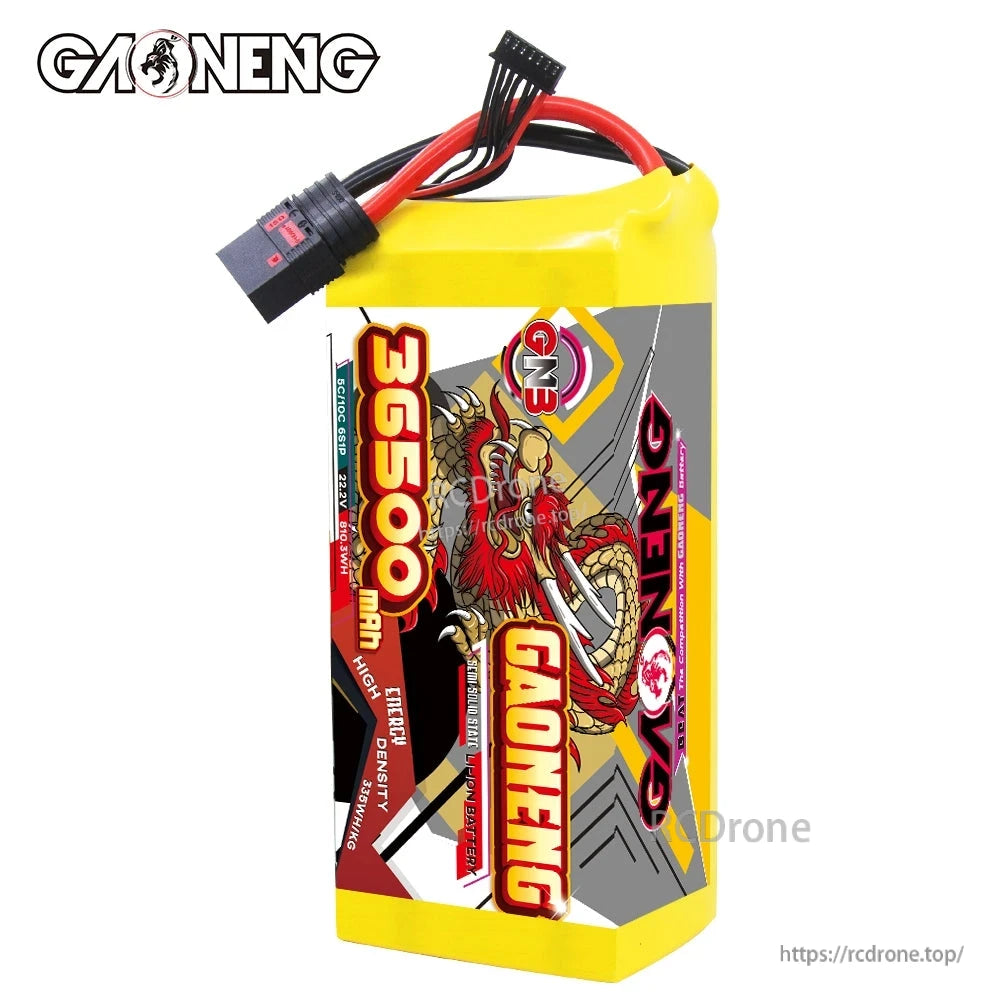 Side view of GAONENG 36500mAh battery pack showing thick discharge wires, QS8-S connector, and balance plug
