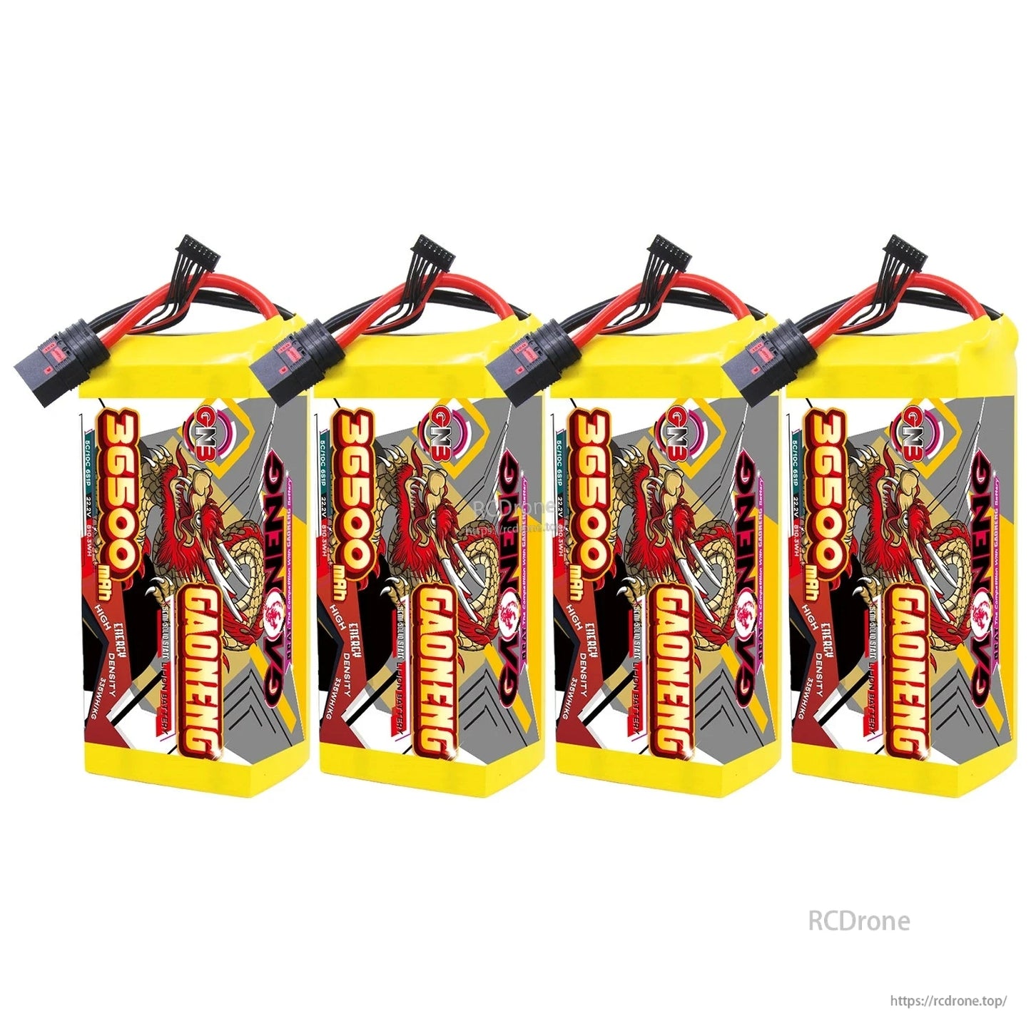 Four GAONENG 36500mAh 6S battery packs lined up with QS8-S connectors and balance leads