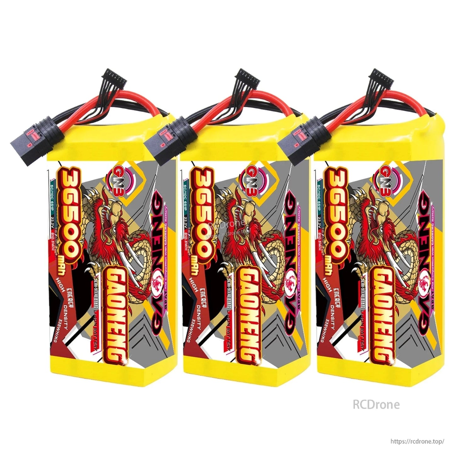 Three GAONENG 36500mAh 6S battery packs lined up, each with QS8-S connector leads