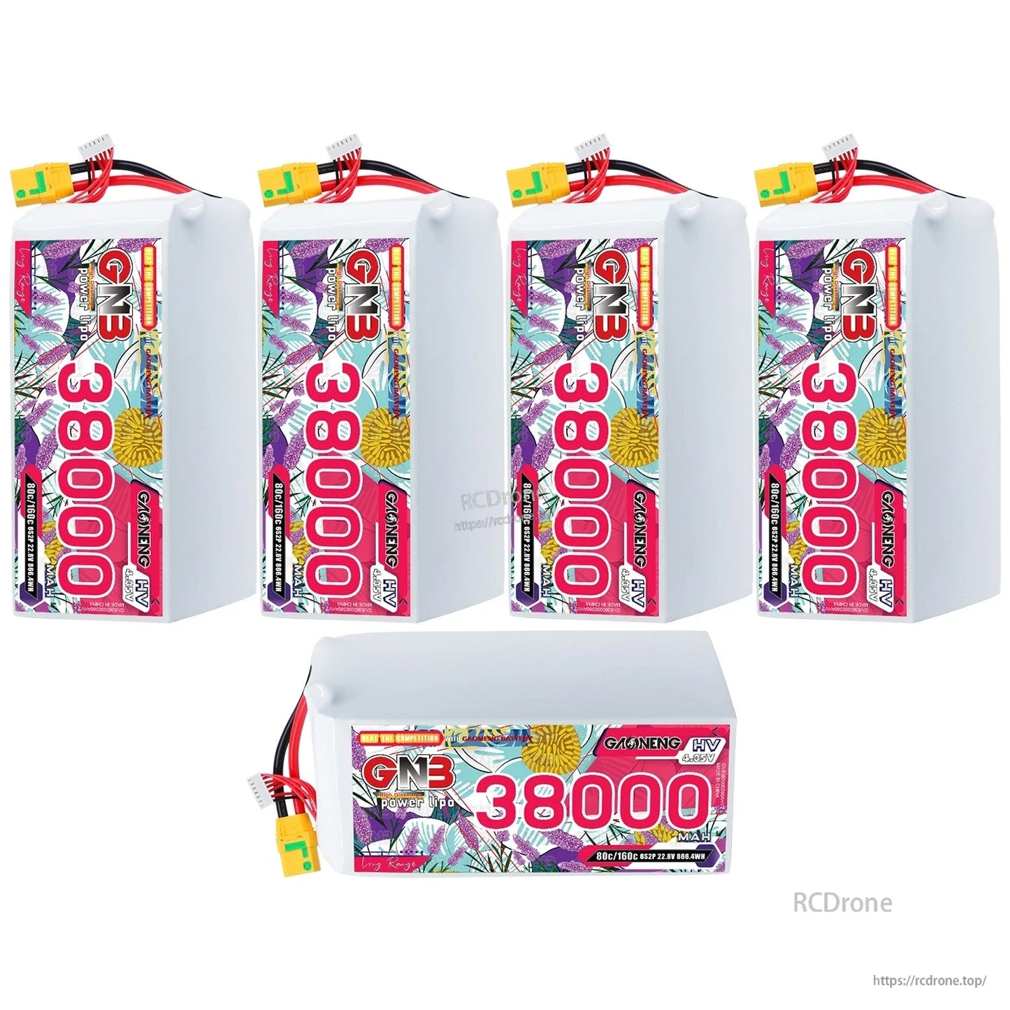 Set display: four upright GNB 38000 packs plus one horizontal pack showing top label