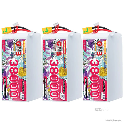 Three GNB 38000 battery packs lined up, front label side shown