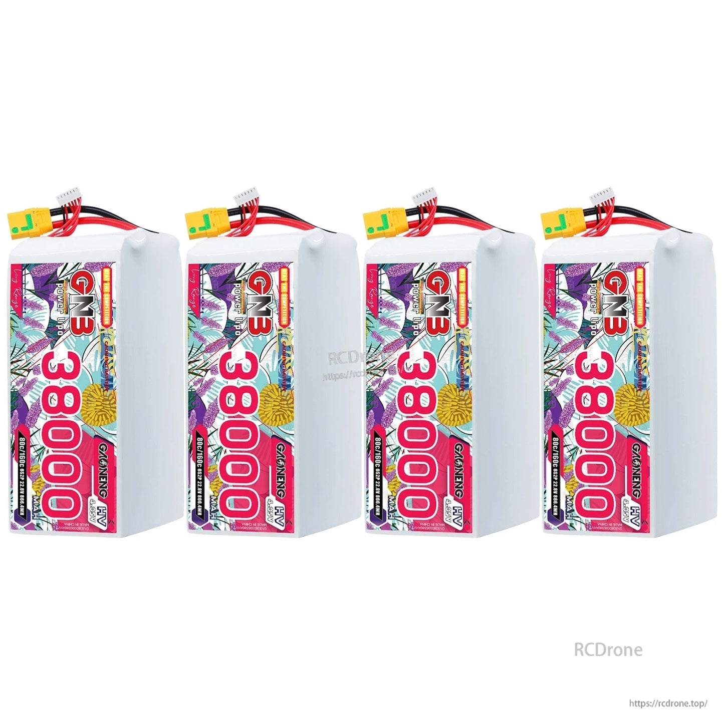 Four GNB 38000 battery packs lined up, front label side shown