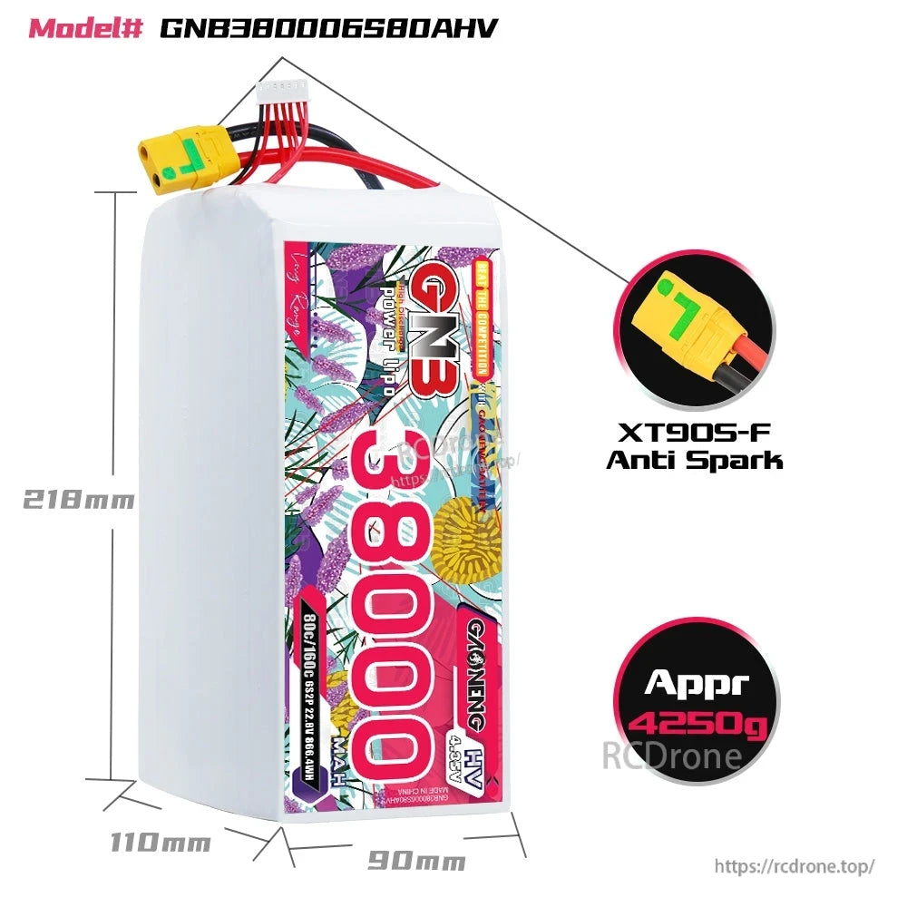 Battery size and weight diagram showing approx 218×110×90mm and XT90S-F anti-spark connector
