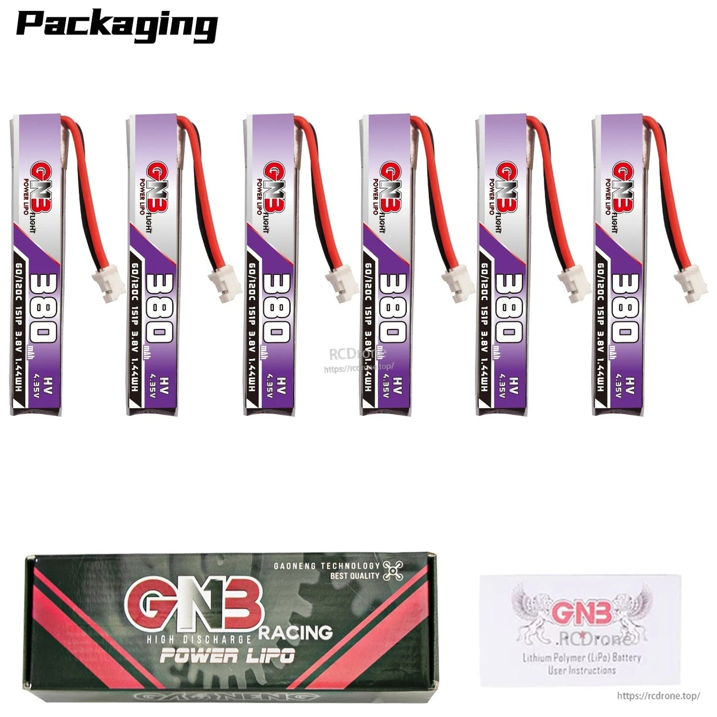 Packaging image showing 6 batteries with GNB Racing Power LiPo box and user instructions card