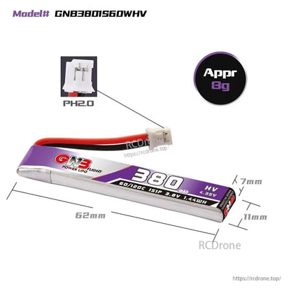 GAONENG GNB 380mAh 1S 3.8V LiHV battery dimensions diagram with PH2.0 connector close-up