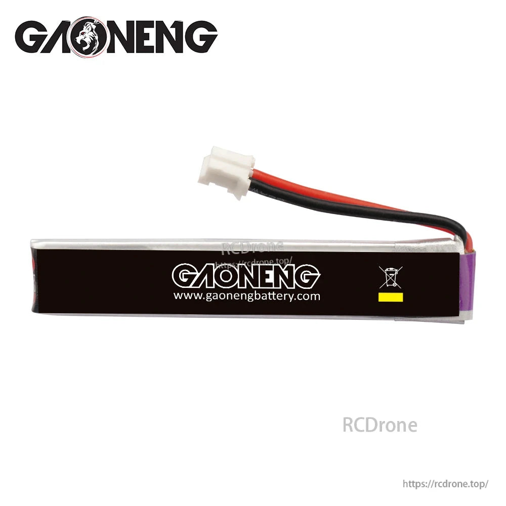 Rear side of GAONENG battery showing gaonengbattery.com branding and lead wires with plug