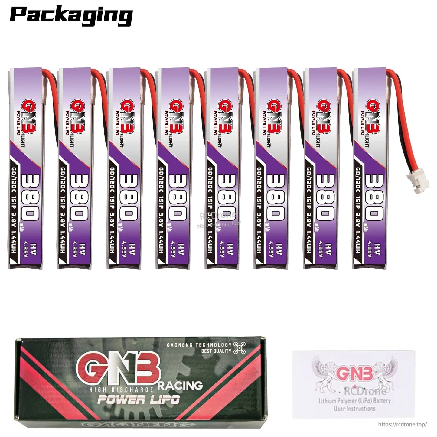 Packaging image showing 8 batteries with GNB Racing Power LiPo box and user instructions card