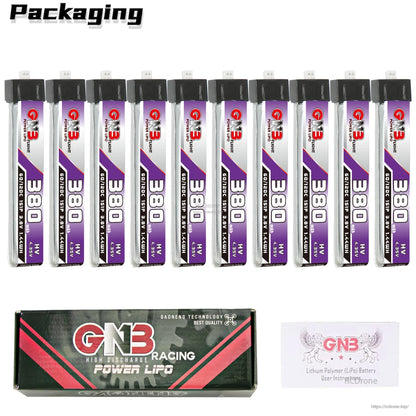 Packaging contents: 10x GNB 380mAh batteries with GNB Racing Power LiPo box and user sheet