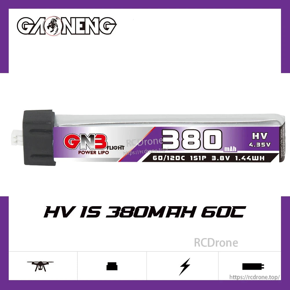 GAONENG GNB 380mAh 1S 3.8V LiHV LiPo battery side profile showing 60C/120C print