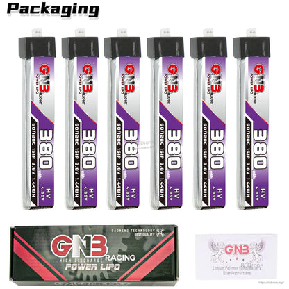 Packaging contents: 6x GNB 380mAh batteries with GNB Racing Power LiPo box and user sheet
