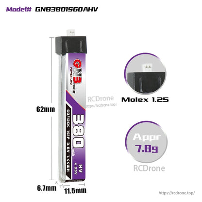 GNB3801S60AHV battery dimensions diagram with Molex 1.25 connector and approx weight 7.89g