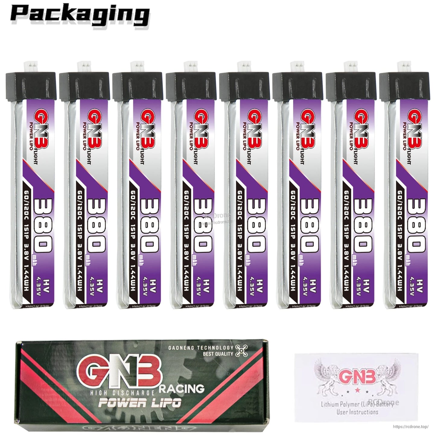 Packaging contents: 8x GNB 380mAh batteries with GNB Racing Power LiPo box and instructions