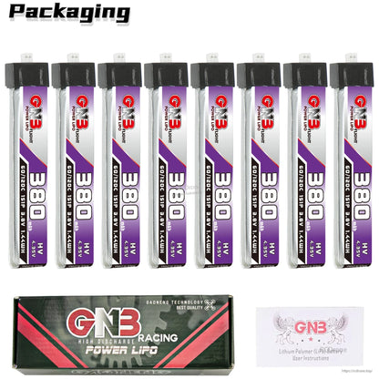 Packaging contents: 8x GNB 380mAh batteries with GNB Racing Power LiPo box and instructions