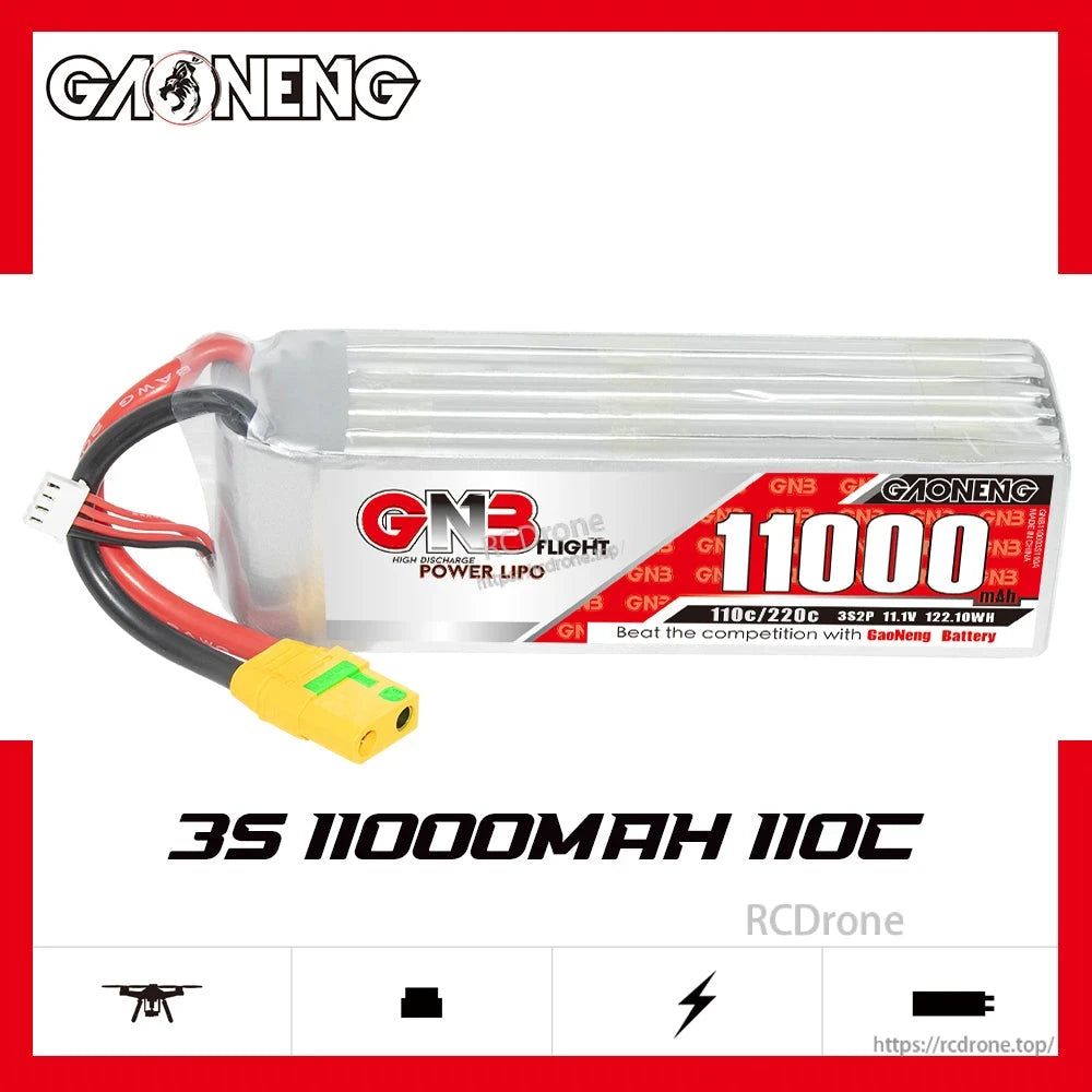 GAONENG GNB 3S 11000mAh 110C LiPo battery product graphic with side view and specs icons