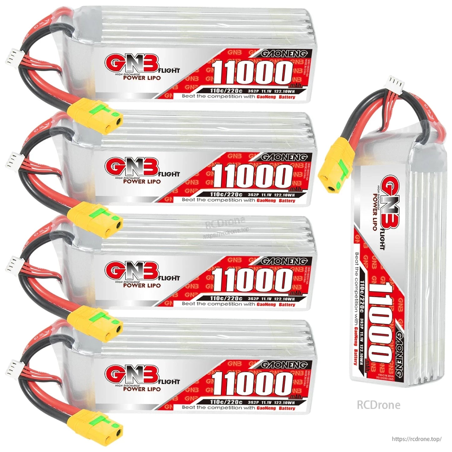 Bundle image with four GNB 11000mAh LiPo batteries plus one upright battery shown at right