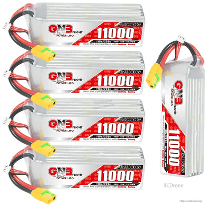 Bundle image with four GNB 11000mAh LiPo batteries plus one upright battery shown at right