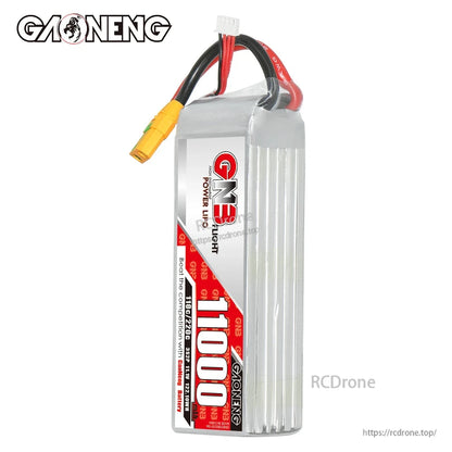 Upright side view of GAONENG GNB LiPo battery pack showing case thickness and wire exit