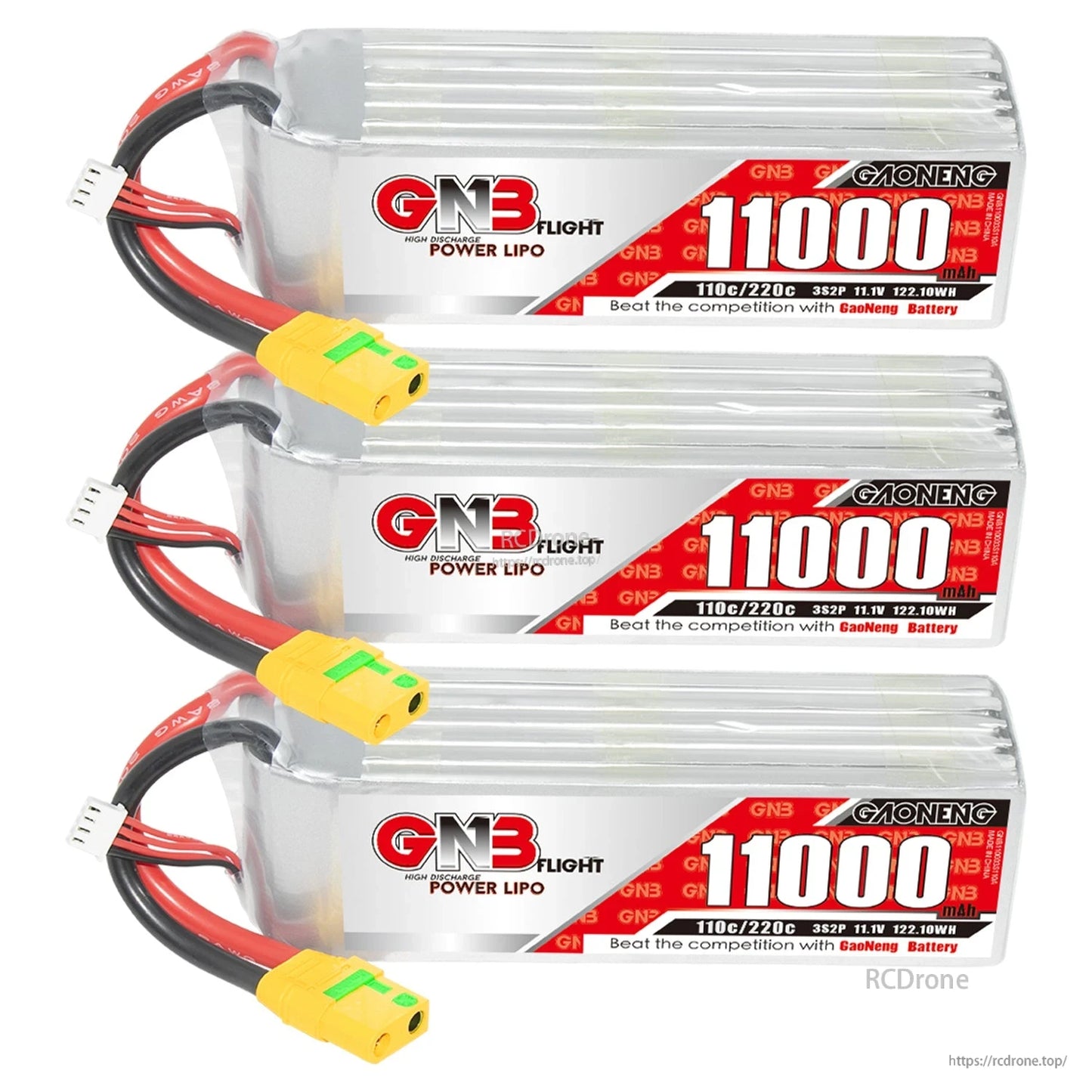 Three GNB 11000mAh LiPo batteries stacked, each with balance lead and yellow XT90S-style connector