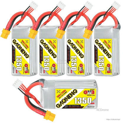 GAONENG GNB 1350mAh 3S LiPo bundle image showing four upright packs plus one side view