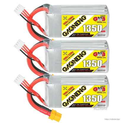Three GAONENG GNB 1350mAh 3S LiPo batteries lined up horizontally with leads