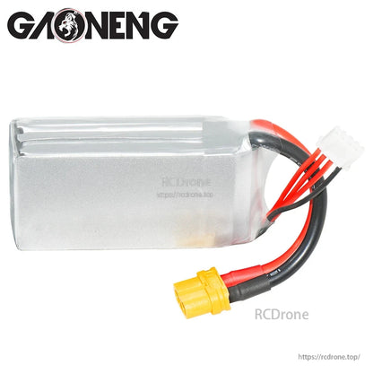 Back side view of silver GAONENG LiPo pack showing casing and XT60 power lead