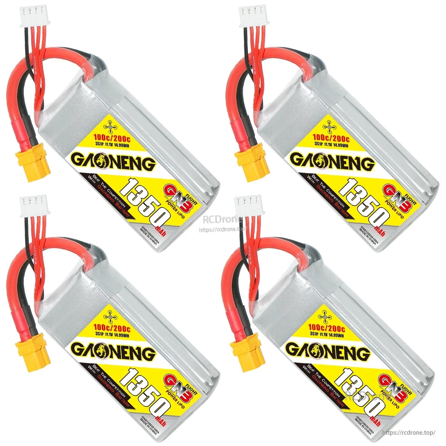 Four-pack set of GAONENG 1350mAh 3S LiPo batteries shown at diagonal angles