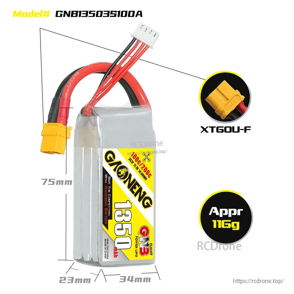 GNB13503S100A battery size chart showing 75×34×23mm, XT60U-F connector, approx 116g