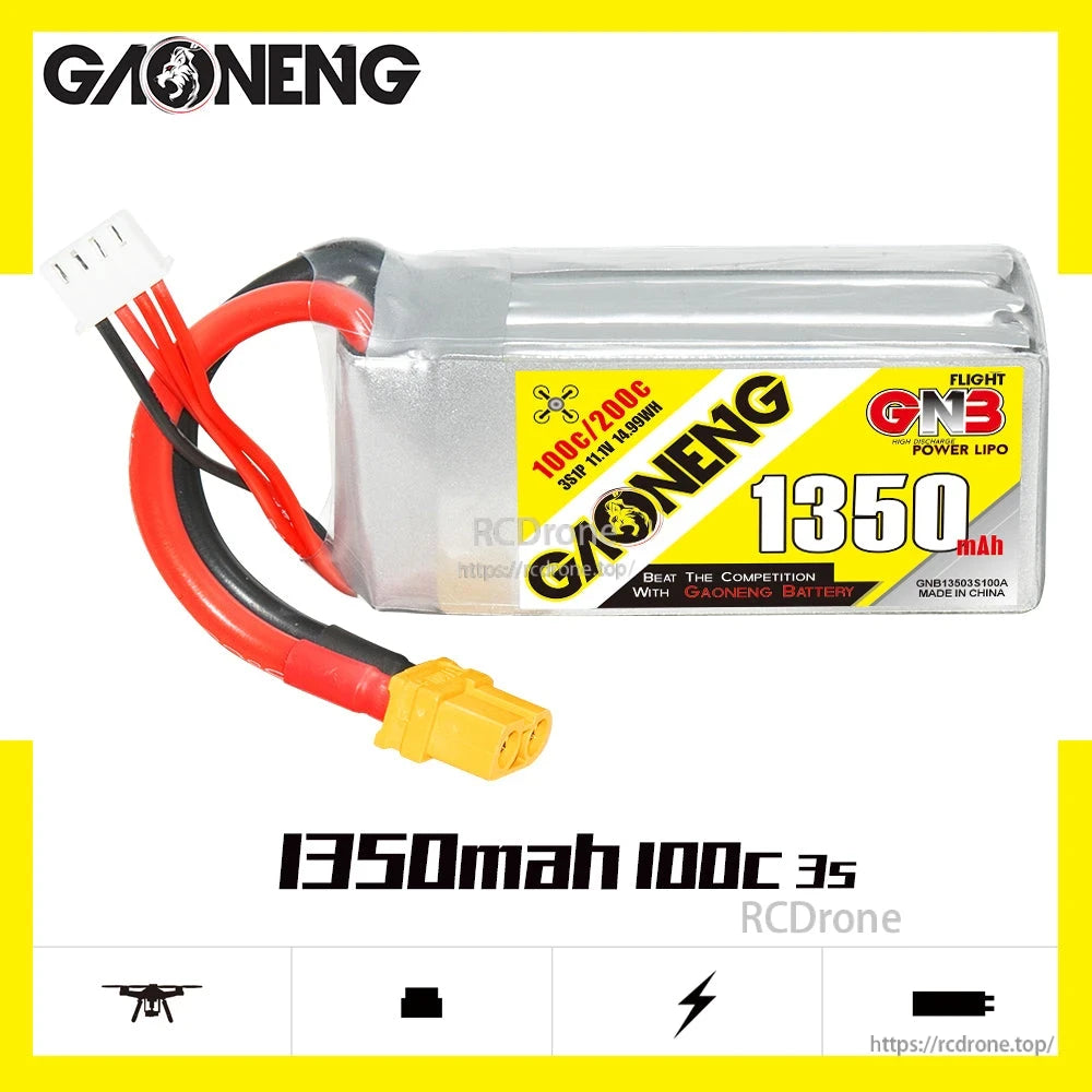 GNB 1350mAh 100C 3S LiPo battery product graphic with side view and XT60 connector
