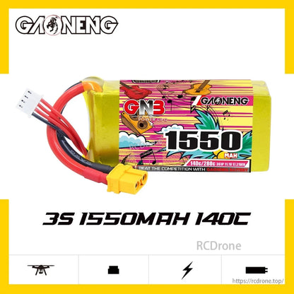 GAONENG GNB 3S 1550mAh 140C 3S LiPo battery side view graphic with printed '3S 1550mAh 140C'