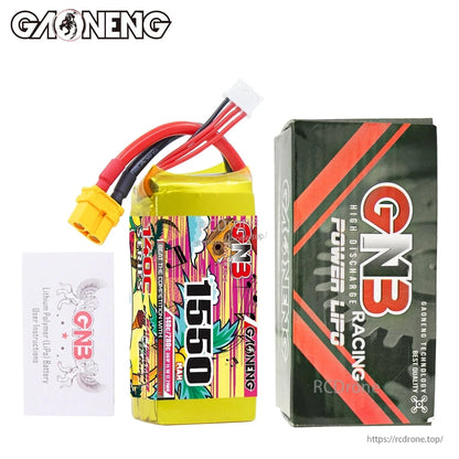 Package contents: GNB 1550 battery, GNB Racing Power LiPo box, and instruction card