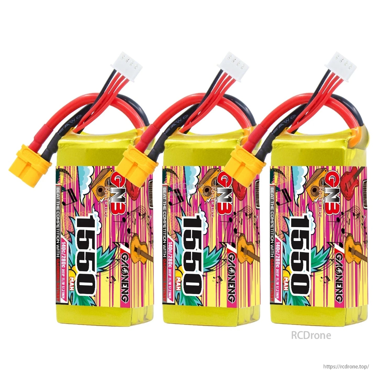 Three-pack of GNB 1550mAh LiPo batteries lined up with XT60 plugs and balance leads