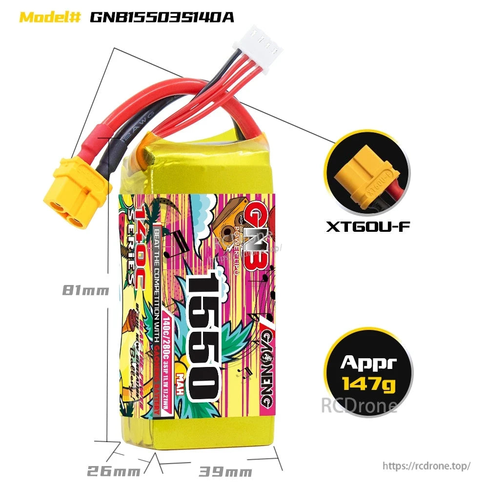 GNB15503S140A dimensions graphic with XT60U-F connector and approx weight 147g