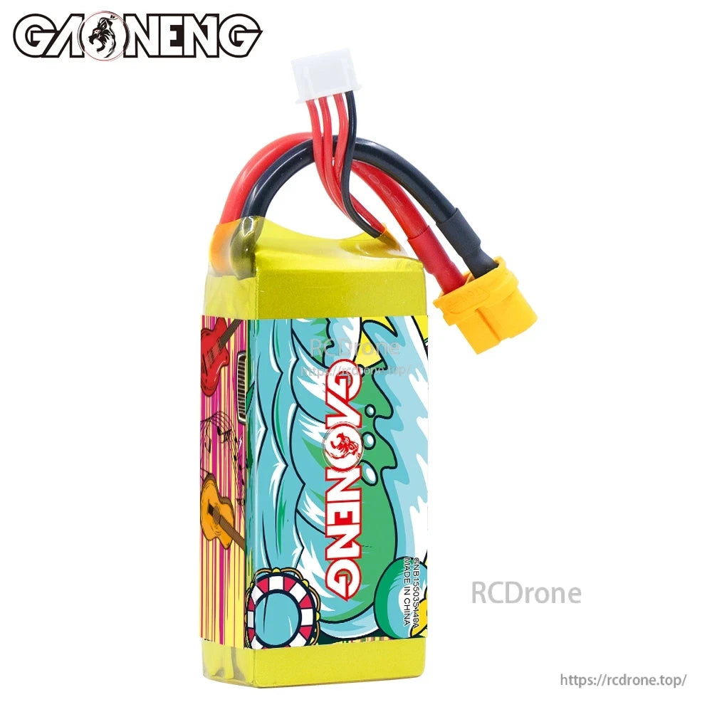 Side view of GAONENG battery showing GAONENG logo panel and attached XT60 lead