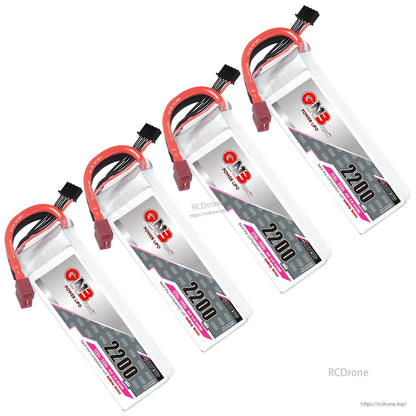 Four GNB 2200mAh 3S LiPo batteries arranged diagonally with visible T-plug leads