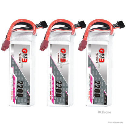 Three GNB 2200mAh 3S LiPo batteries in upright front-facing arrangement