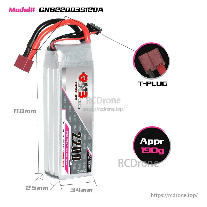Battery dimensions and T-plug close-up for GNB 2200mAh 3S LiPo pack