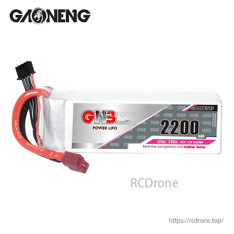 Front view of GNB 2200mAh 3S LiPo battery with T-plug connector and balance lead