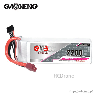 Front view of GNB 2200mAh 3S LiPo battery with T-plug connector and balance lead