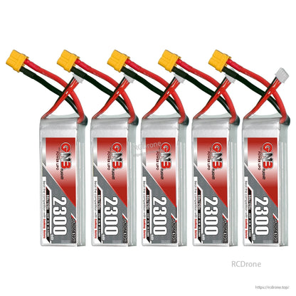 Five GNB 2300 LiPo batteries lined up upright, each with XT60 connector and balance lead