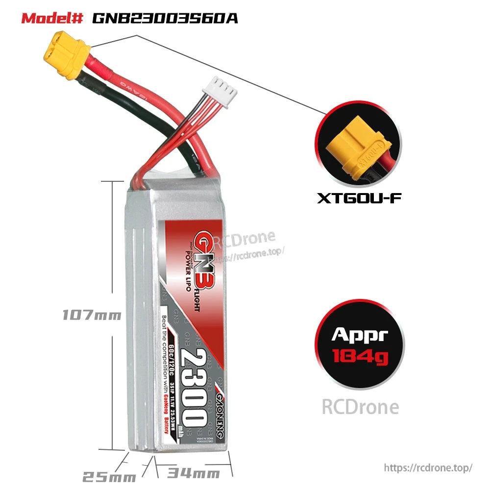 GNB23003S60A battery size and weight chart with XT60U-F connector close-up, 107×34×25mm, 184g