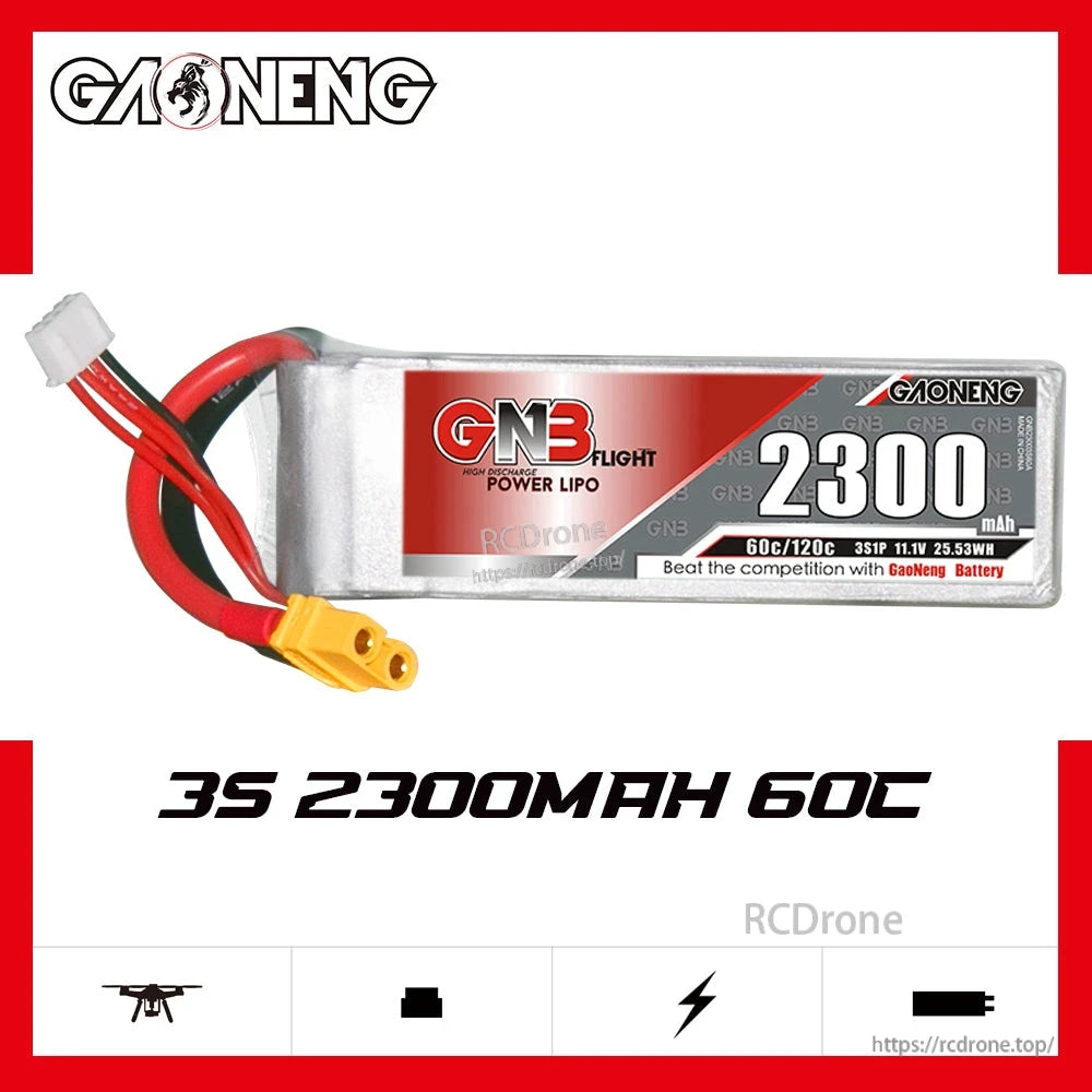 GAONENG GNB 3S 2300mAh 60C LiPo battery graphic showing label and specs text on banner
