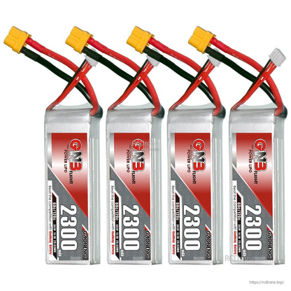 Four GNB 2300 LiPo batteries grouped together, upright with XT60 plugs and balance connectors