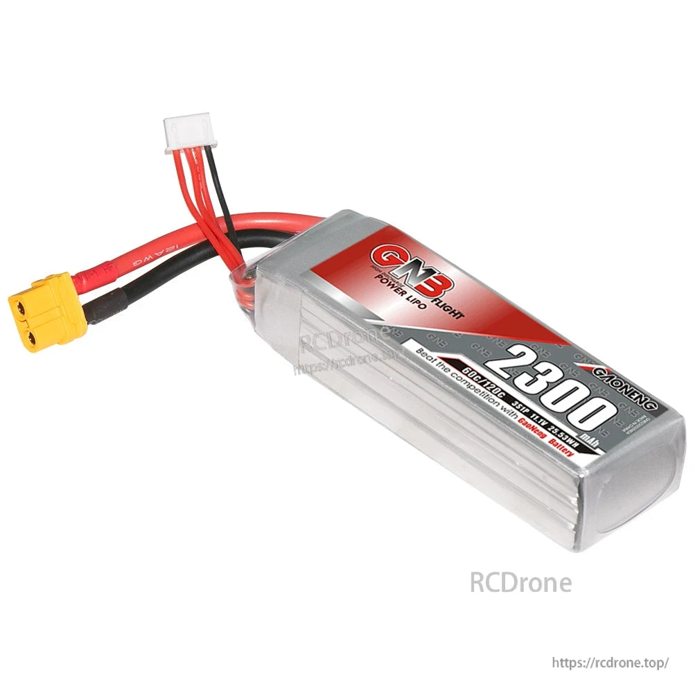 Angled close-up of GNB 2300 label on battery pack with XT60 connector and balance plug
