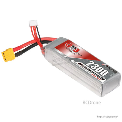 Angled close-up of GNB 2300 label on battery pack with XT60 connector and balance plug