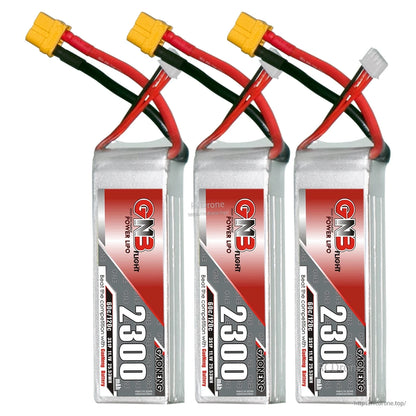 Three GNB 2300 LiPo batteries shown upright in a row, each with XT60 connector and balance lead