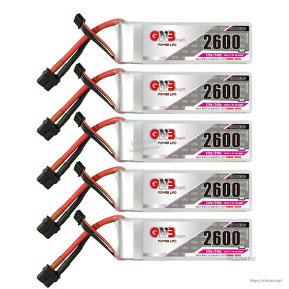 Five GNB Power LiPo batteries stacked horizontally, label view with XT60 connectors
