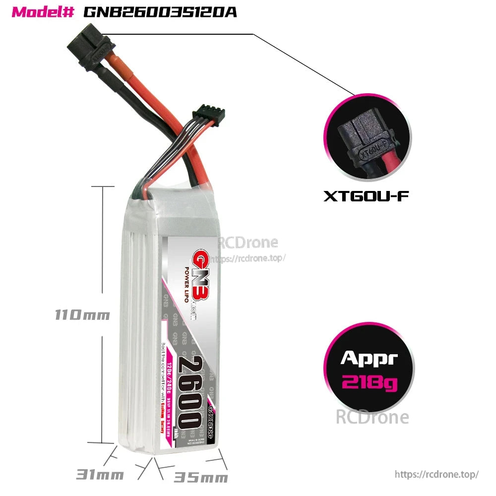 GNB26003S120A battery dimensions 110×35×31mm, XT60U-F connector close-up, approx 218g