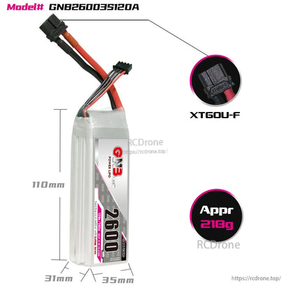 GNB26003S120A battery dimensions 110×35×31mm, XT60U-F connector close-up, approx 218g