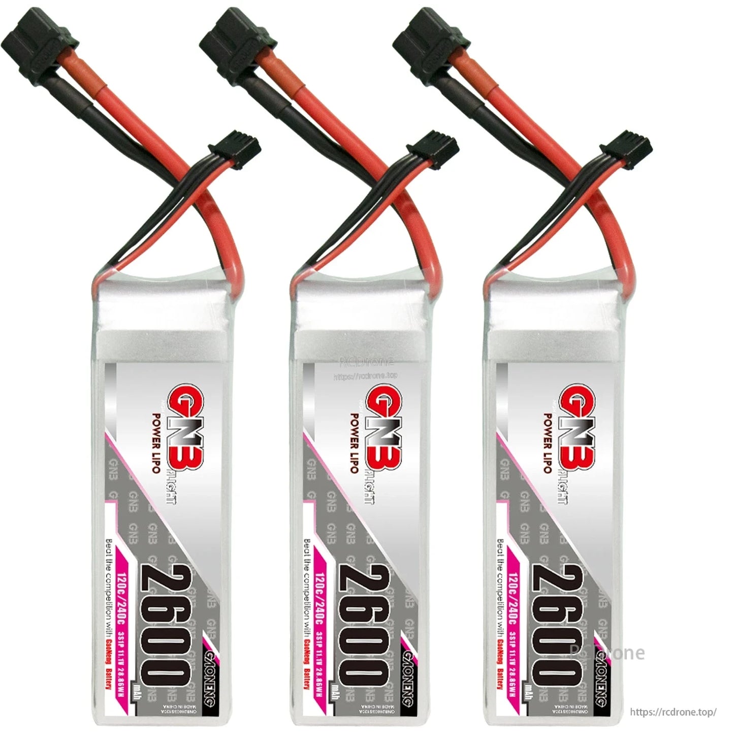 Three GNB Power LiPo batteries shown together, front label view with XT60 leads