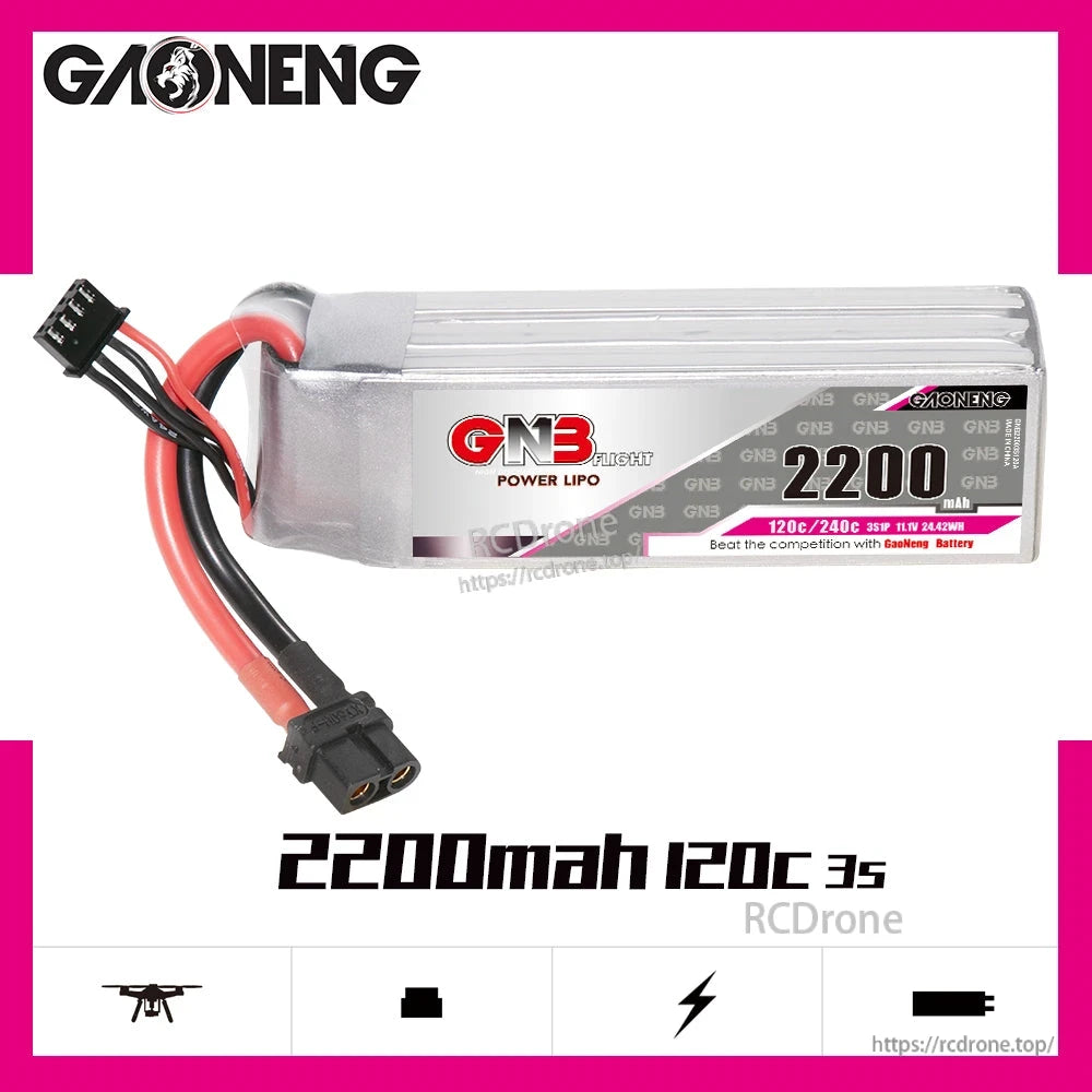 Side profile of GAONENG GNB LiPo battery with XT60 connector, on branded spec banner
